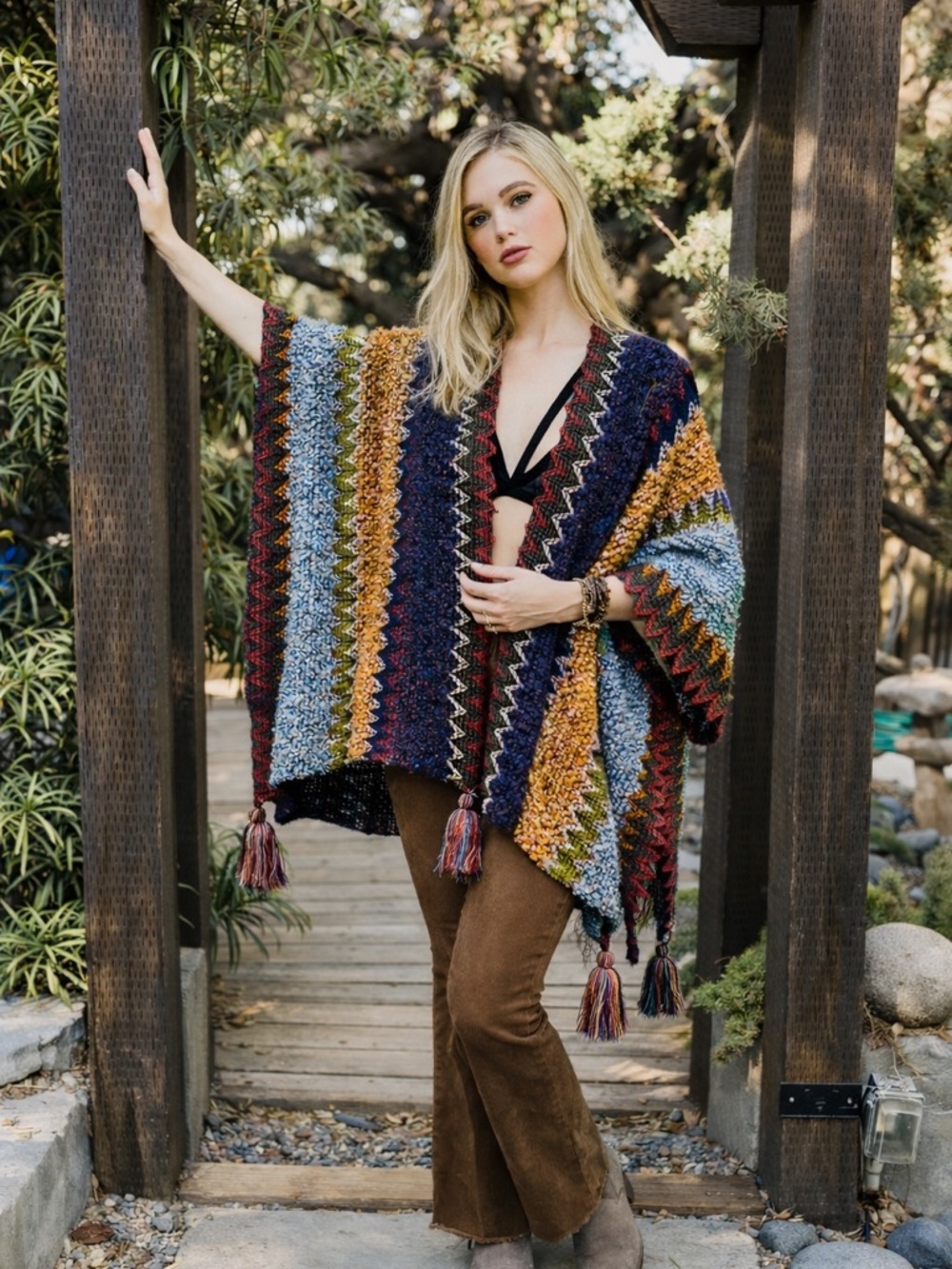 Colorful Crochet Patterned Ruana Shawl – Boho Tassel Wrap – NWOT